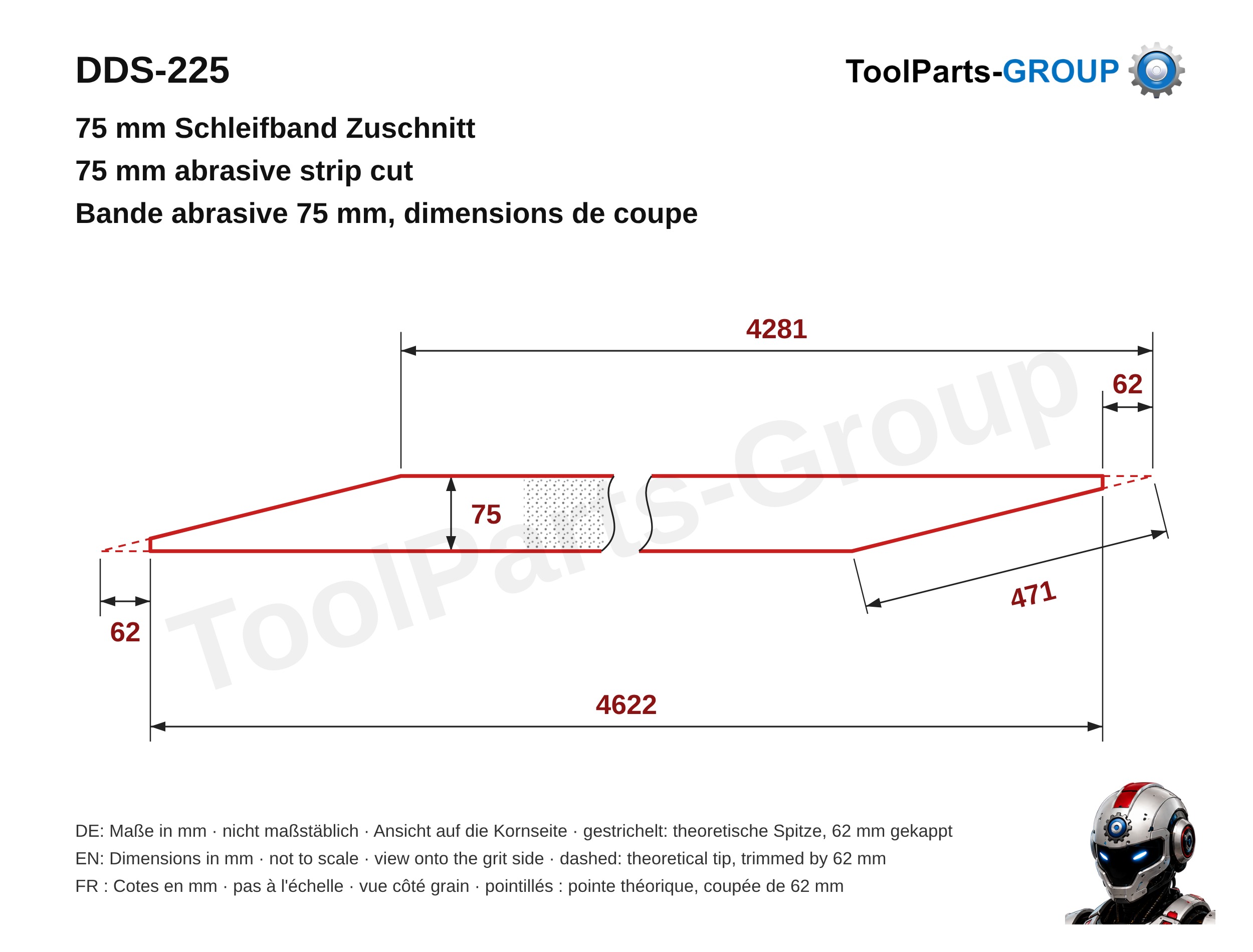 Sanding strip cutting template JET DDS-225, strip width 75 mm