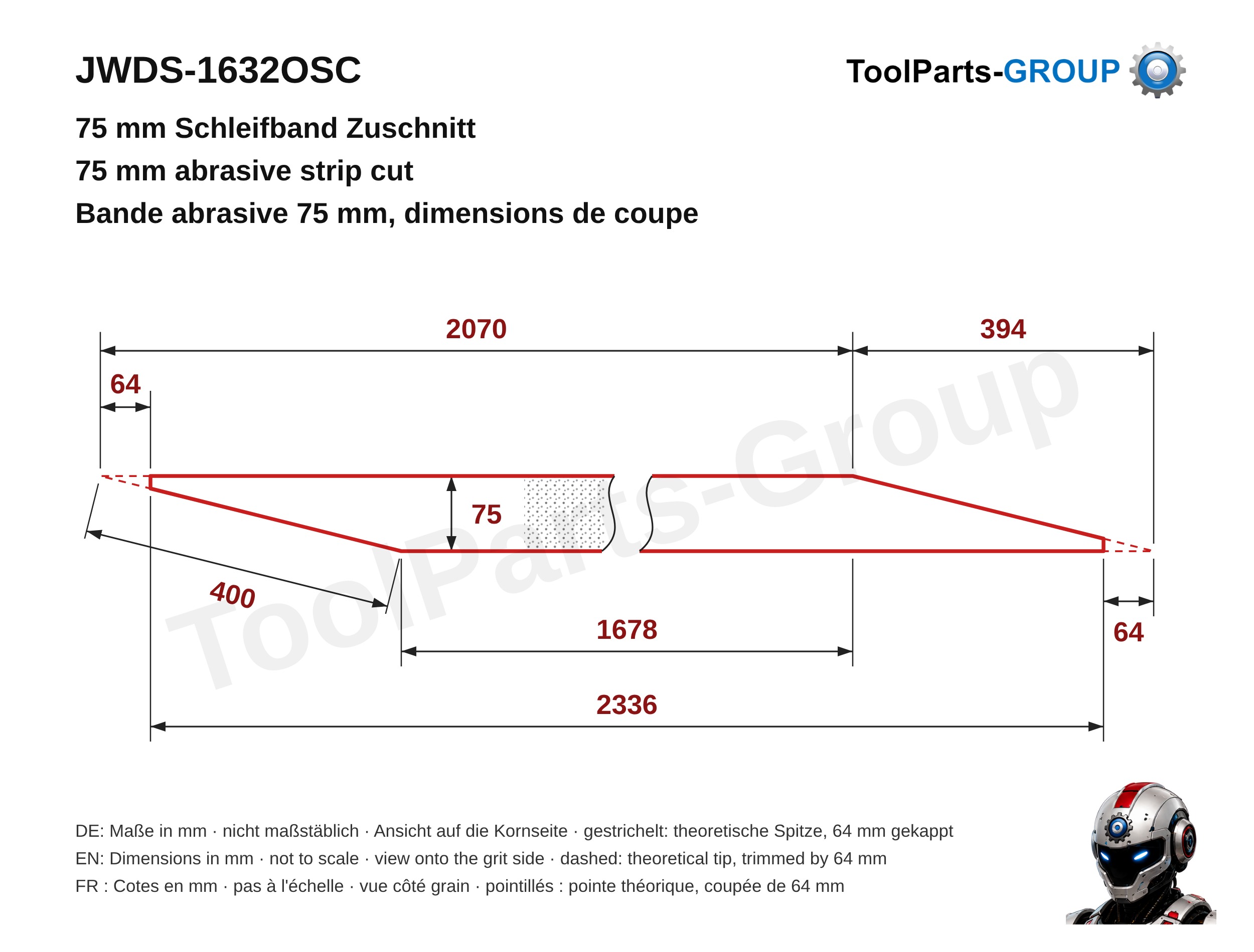 Sanding strip cutting template JET JWDS-1632OSC, strip width 75 mm