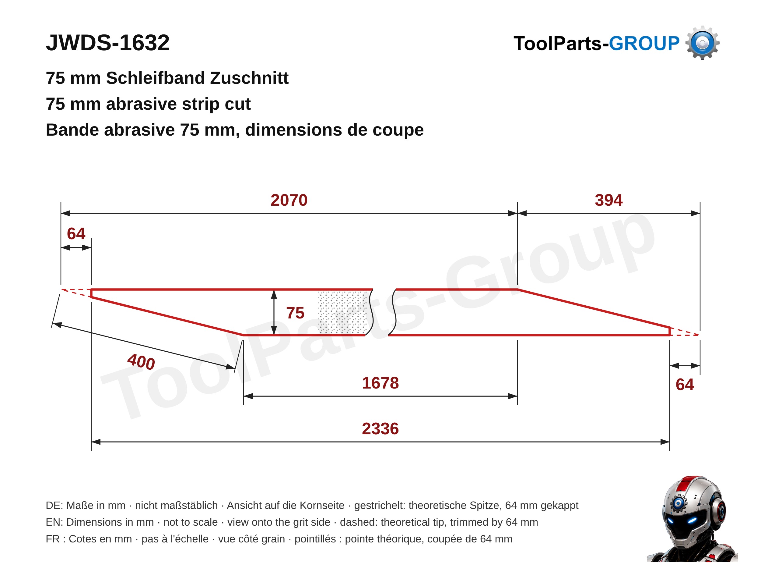 Sanding strip cutting template JET JWDS-1632, strip width 75 mm