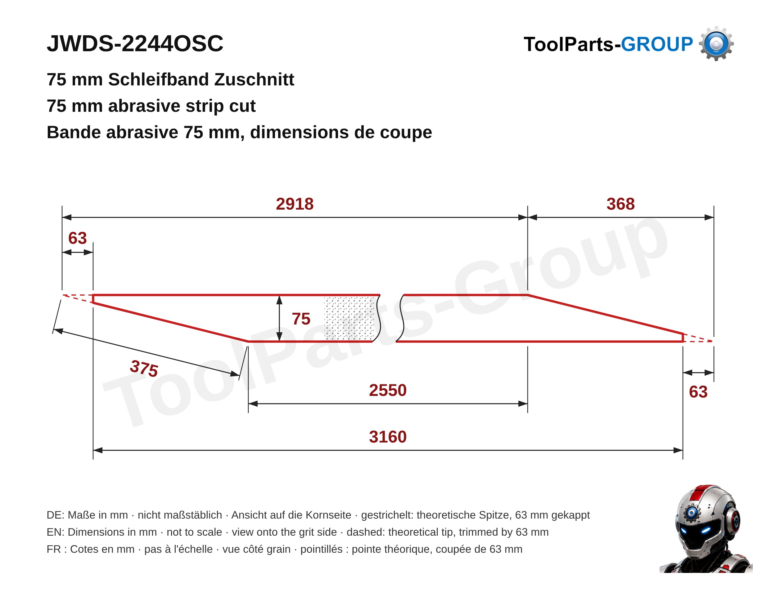 Sanding strip cutting template JET JWDS-2244OSC, strip width 75 mm