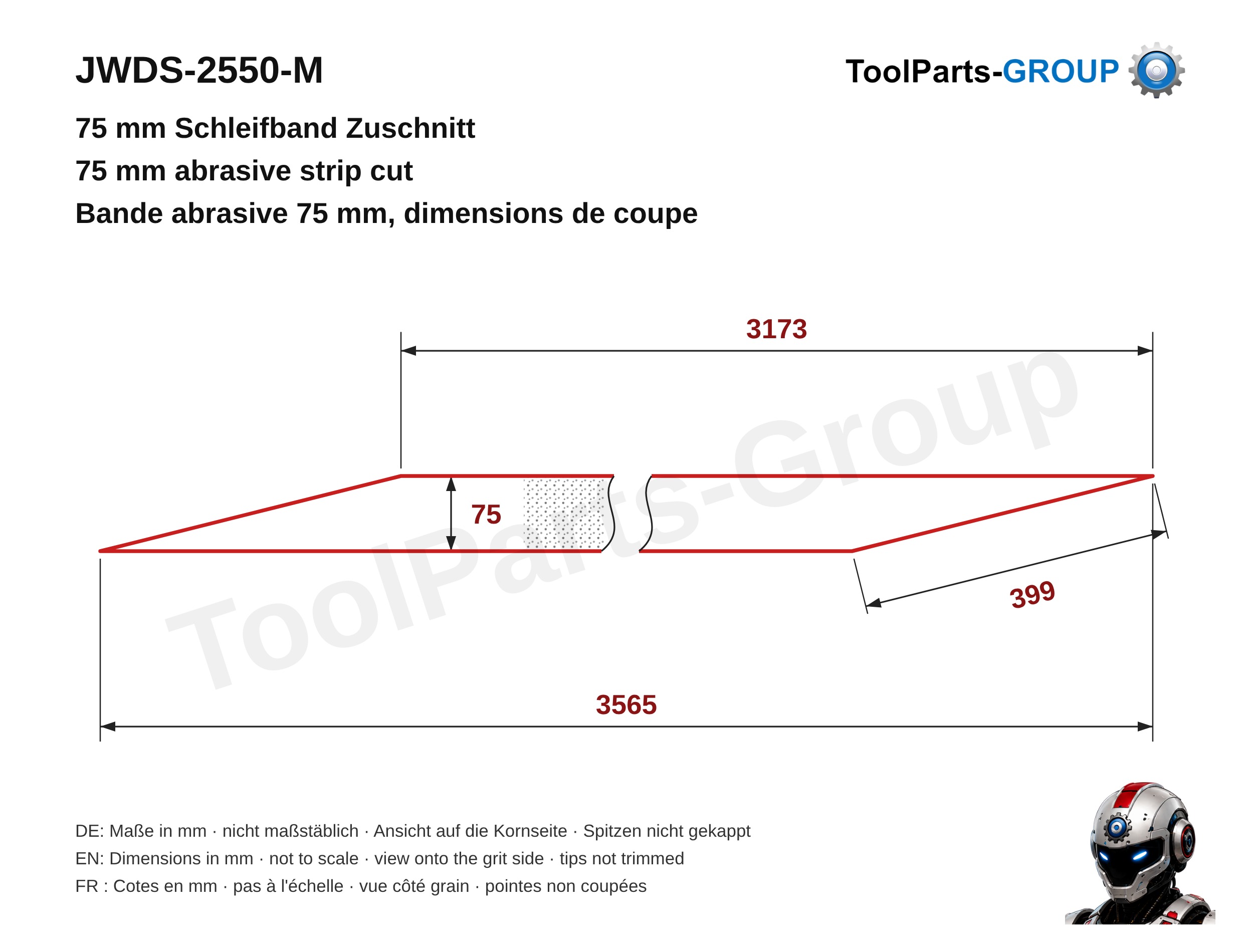 Sanding strip cutting template JET JWDS-2550-M, strip width 75 mm